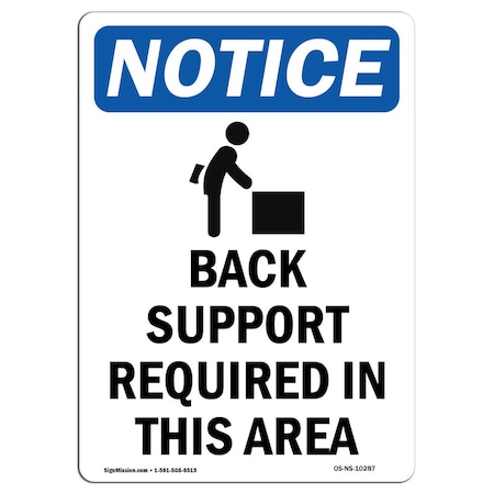 OSHA Notice Sign, Back Support Required With Symbol, 24in X 18in Aluminum